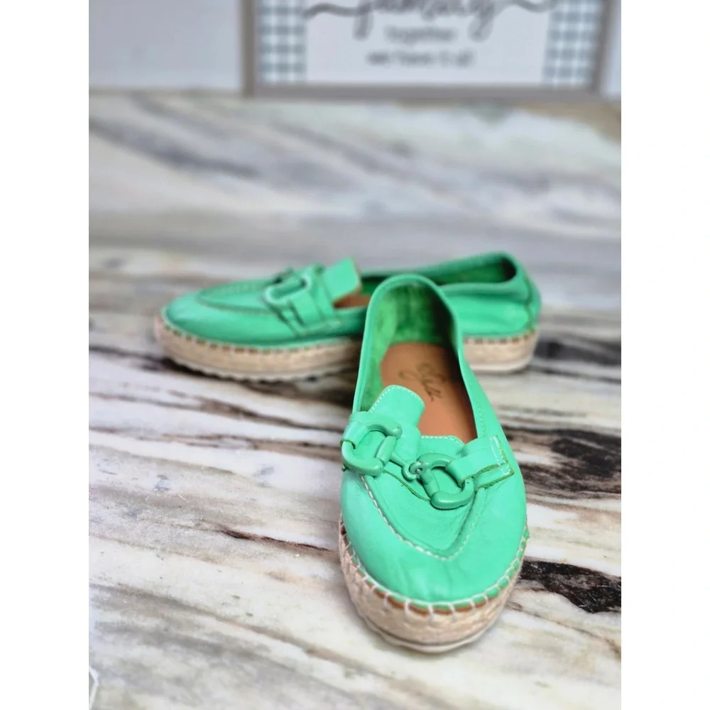 42 Gold Alberta Green Leather Espadrille Loafers Horsebit Detail 37 EU Womens